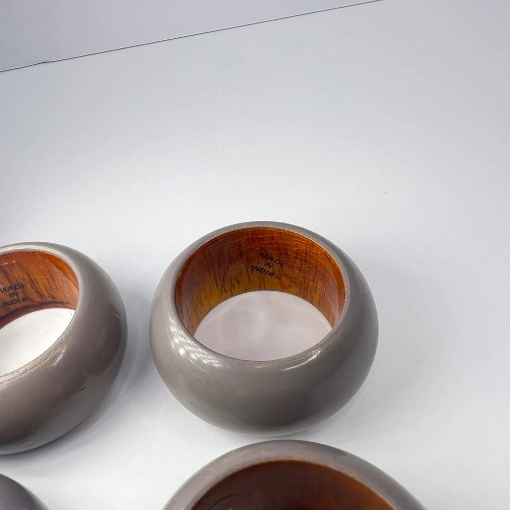6 Vintage Wood Greige Napkin Rings‎ Made in India Taupe Grey Boho Eclectic Retro
